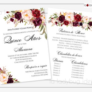 Quinceanera invitations in Spanish. Invitaciones Quinceanera para editar/imprimir en español. Incluye tarjetas Padrinos, Chambelanes y Damas