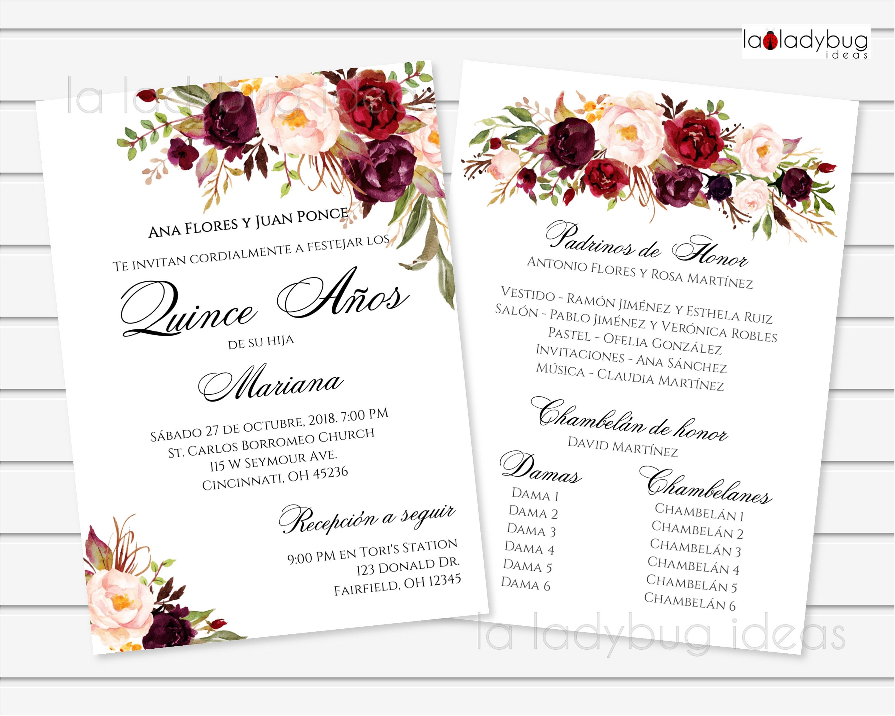 Quinceanera Damas and Chambelanes Card in Spanish. Tarjeta 