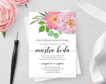 Plantilla de invitación de boda floral, texto en español (descarga digital)