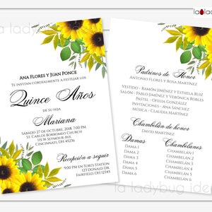 Quinceanera invitations in Spanish. Invitaciones Quinceanera para editar/imprimir en español de Girasoles. Padrinos, Chambelanes y Damas