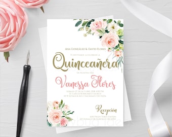 Floral Quinceañera Invitation Template, Spanish (Digital Download)