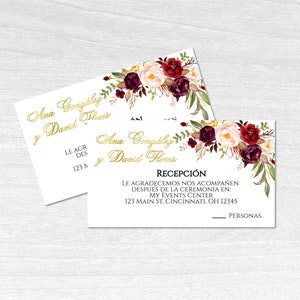 May include: White wedding invitation cards with gold script and floral accents. The cards feature the names "Ana González y David Flores" and the word "RECEPCIÓN". Floral arrangements include burgundy, white, and green.
