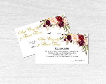 Hochzeitskarte für Gäste in Spanisch Floral. Pases para boda para editar/imprimir. Tarjeta para invitados de boda en español.