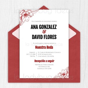 Invitacion boda para editar/imprimir. Tinto / burgundy. Invitaciones de boda floral. Digital. Printable Wedding Invitation Spanish. Flores.