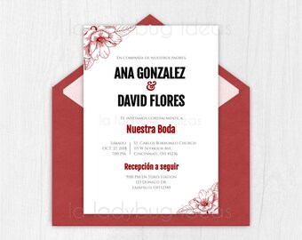 Burgundy Floral Wedding Invitation, Spanish Template (Digital)
