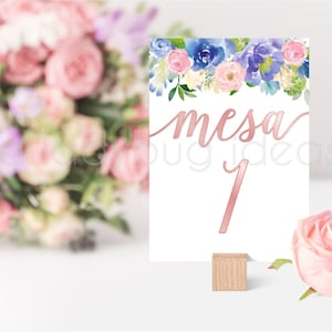 Números para mesa. Floral. Tarjetas para numeros de mesa. Archivo digital para imprimir. Table numbers cards Spanish. Rose gold, azul, rosa.