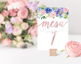 Blommiga bordsnummerkort, roséguld, azul, rosa (digital nedladdning)