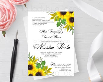 Invitacion boda de girasoles para editar/imprimir . Invitaciones de boda con girasoles en español. Printable Wedding Invitation in Spanish