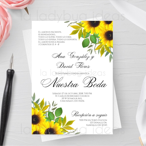 Invitacion boda de girasoles para editar/imprimir . Invitaciones de boda con girasoles en español. Printable Wedding Invitation in Spanish