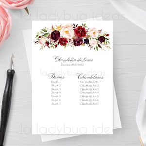 Quinceanera Damas and Chambelanes Card in Spanish. Tarjeta Quinceanera para editar/imprimir. Incluye tarjetas Padrinos, Chambelanes y Damas