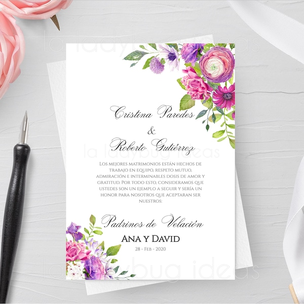 Padrinos de velación. Tarjeta digital para padrinos de velación. Proposal. Propuesta para padrinos de boda. Printable and editable card.