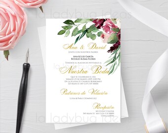 Burgundy Floral Wedding Invitation, Spanish Golden Text (Digital Download)