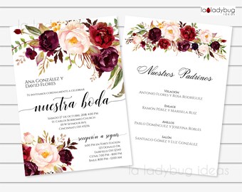 Spanish Wedding Invitation Template, Burgundy Floral (Printable)