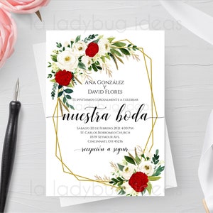 Uitnodiging om te bewerken/imprimeren met Flores Rojas y Blancas. Uitnodigingen voor boda con rosas rojas en español. Huwelijksuitnodiging Spaans