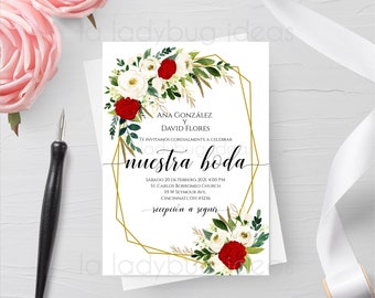 Invitacion Boda Para Editar/imprimir Con Flores Rojas Y - Etsy
