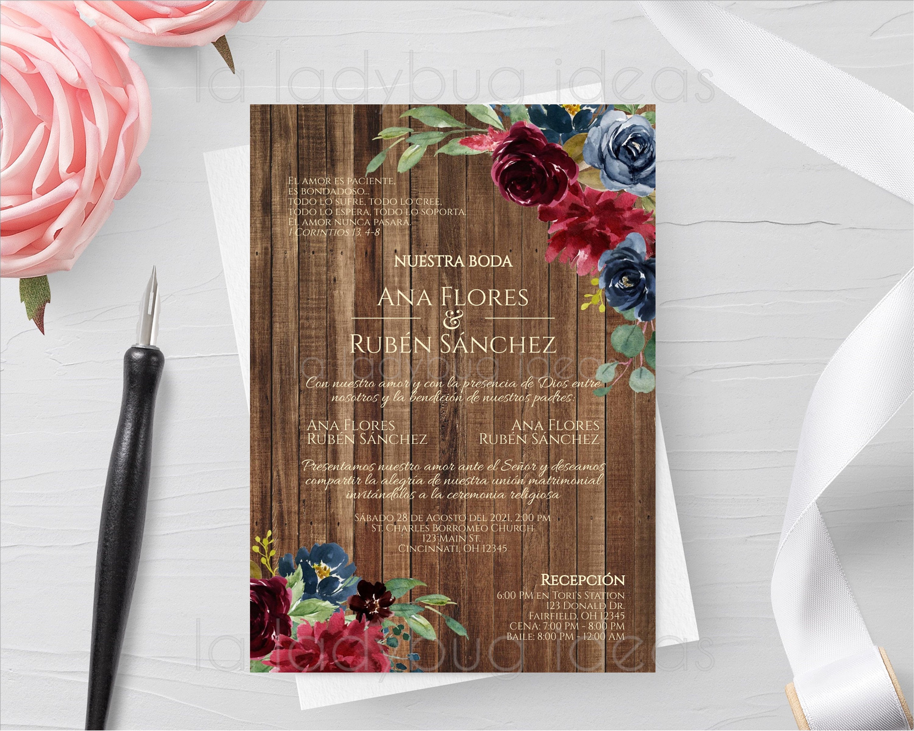 Invitacion Boda Para Editar/imprimir Color Tinto. Invitaciones De Boda Flor  Marsala Español. Digital. Printable Wedding Invitation Spanish 