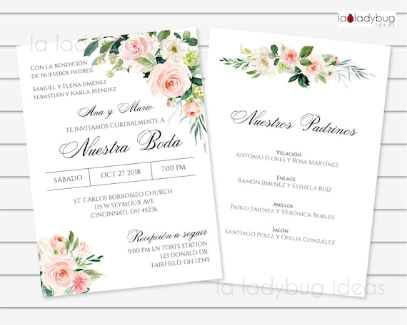 Invitaciones de boda para editar/imprimir en español. Invitación Boda con Lista de padrinos. Spanish Wedding invitation. Invitacion de boda.