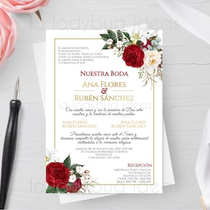 Invitaciones de boda para editar/imprimir en español, roja y dorada. Invitación de boda española dorada roja. Invitación de boda. flores rojas