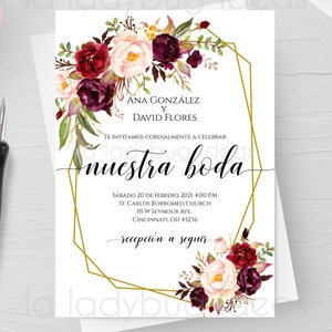 Invitacion boda para editar/imprimir color tinto. Invitaciones de boda flor marsala español. Digital. Printable Wedding Invitation Spanish