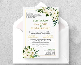Spanish Wedding Invitation, White Floral and Gold (Editable Template)