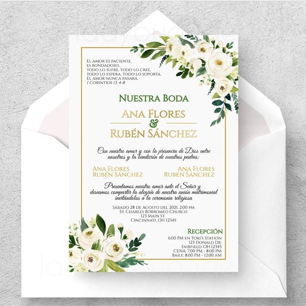 Invitaciones de boda en español, flores blancas  y dorado. Spanish Wedding invitation. Invitacion de boda Flores blancas. Edita e imprime.