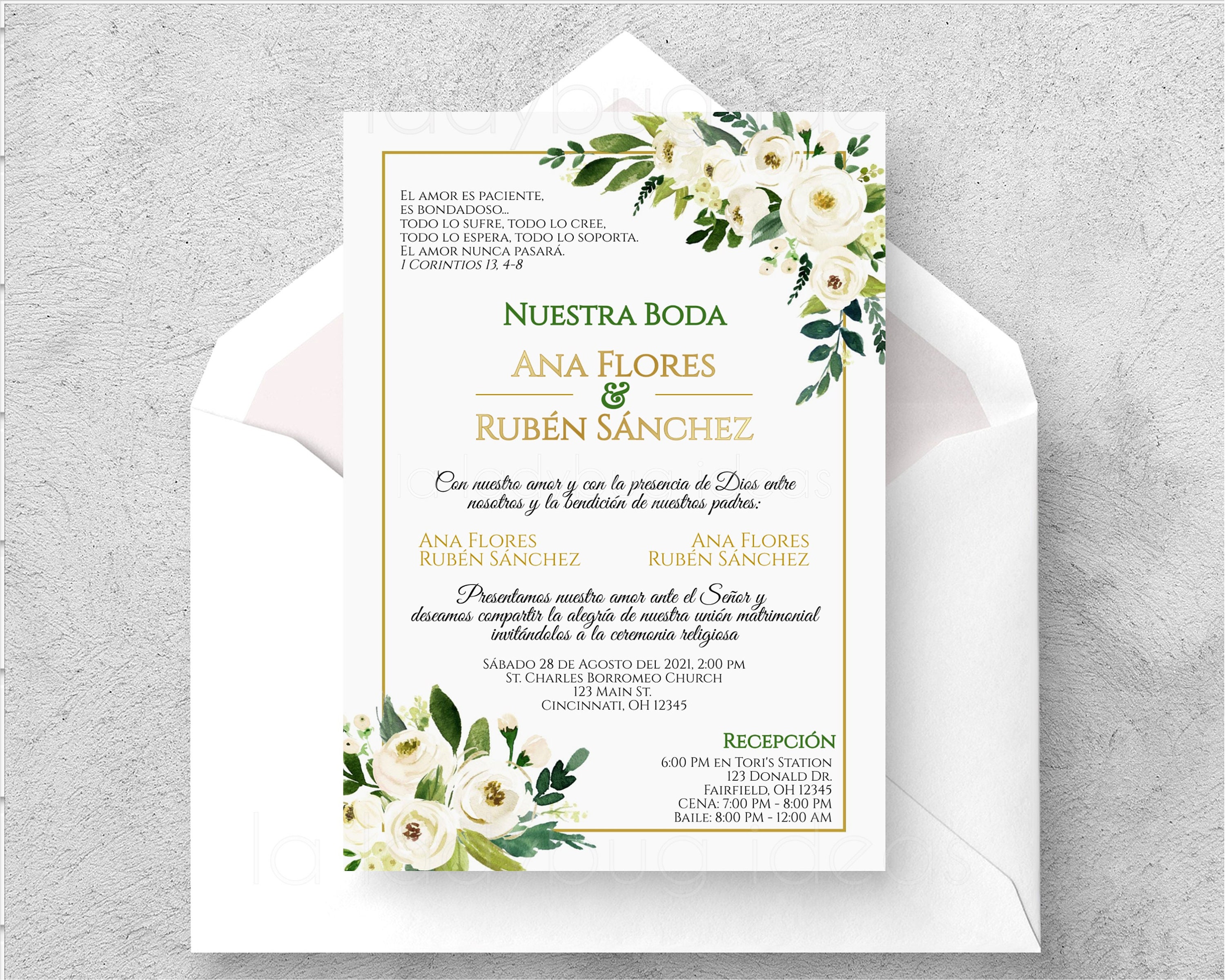 Invitacion Para Una Boda Invitaciones De Boda En Español Flores Blancas Y Dorado. - Etsy