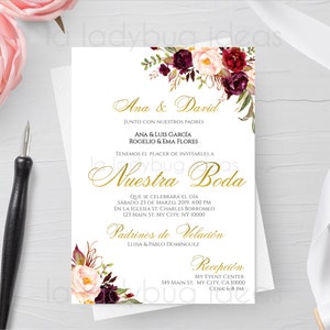 Invitation boda para editar/imprimir burgundy y dorado. Invitations de boda floral español. Faire-part de mariage espagnol doré et bordeaux.
