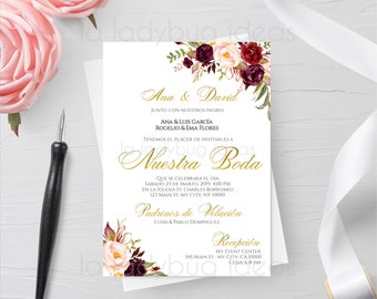 Burgundy Floral Wedding Invitation, Spanish Text (Digital Download)