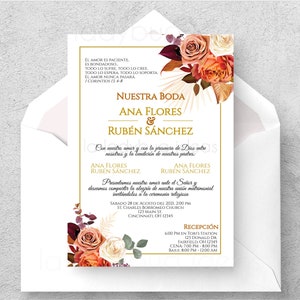 Invitaciones de boda en español, flores blancas y doradas. Invitación de boda española. Invitación de boda Flores blancas. Edita e imprime.