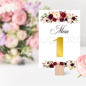 Números para mesa. Floral. Tarjetas para numeros de mesa. Archivo digital para imprimir. Descarga inmediata. Table numbers cards in Spanish.