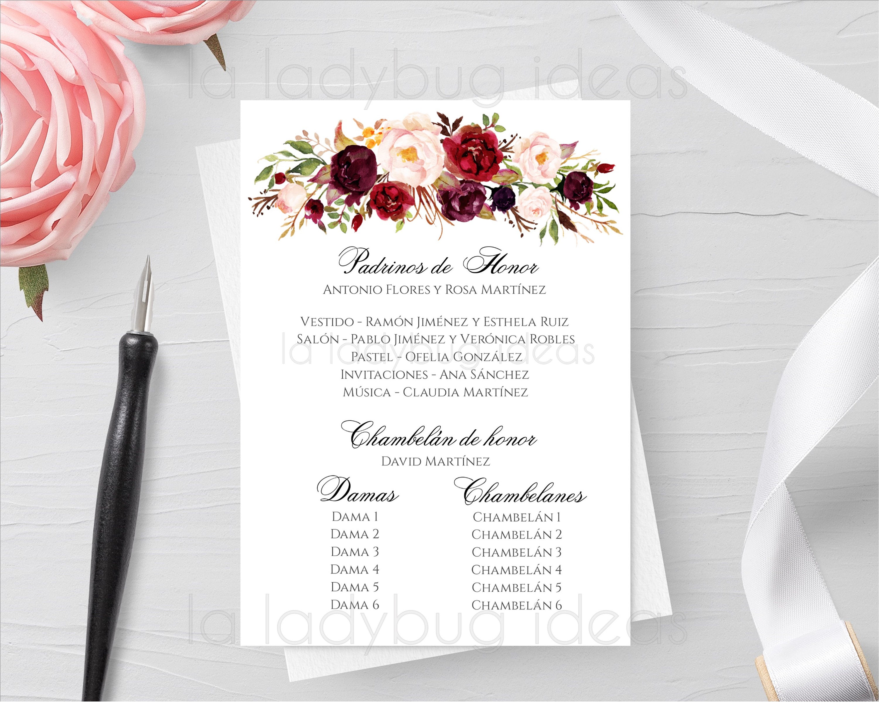 Quinceanera Damas and Chambelanes Card in Spanish. Tarjeta 