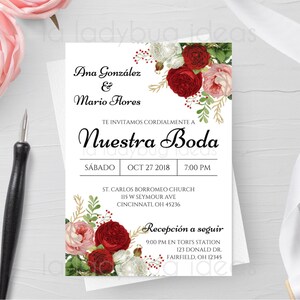 Spanische Hochzeitseinladung Vorlage, Florales Design (Digitaler Download)