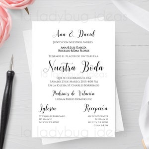 May include: Wedding invitation with black text on white cardstock. The invitation announces the wedding of Ana & David, along with the names of their parents. The invitation includes the date and time of the ceremony and reception, as well as the location of both events.