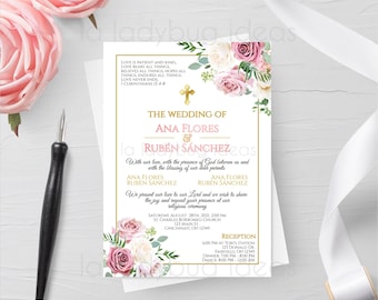 Spanische Hochzeitseinladung mit weissen Blumen und Goldrahmen (Digitaler Download)