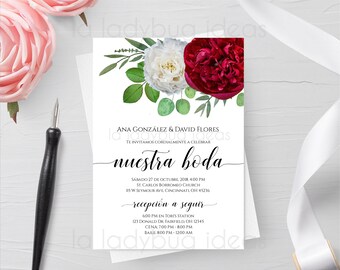 Floral Wedding Invitation Template, Spanish Text (Printable)