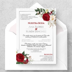 Invitaciones de boda para editar/imprimir en español, roja y plata. Invitación de boda española en plata roja. Invitación de boda. flores rojas
