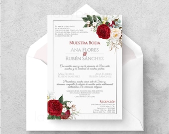 Rote Blumen-Spanische Hochzeitseinladung Vorlage (Digital)
