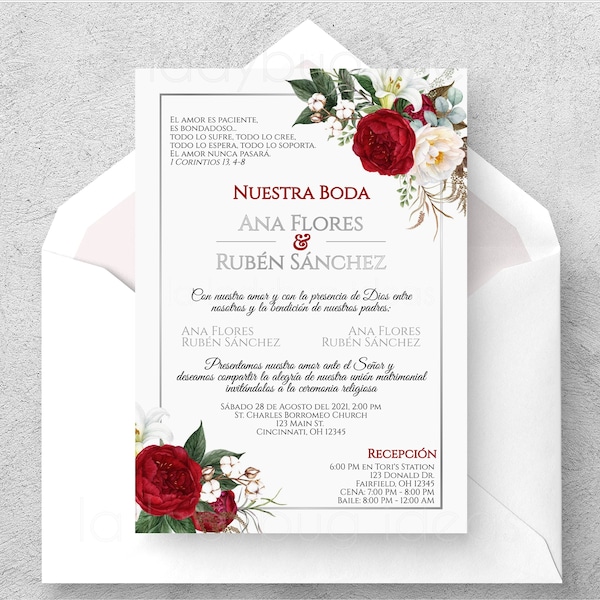 Invitations de boda para editar/imprimir en español, roja y plata. Faire-part de mariage espagnol argenté rouge. Invitation de boda. Flores rojas