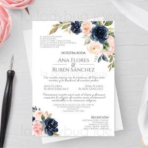Invitacion boda para editar/imprimir color azul. Invitaciones de boda flores azules spagnolo. Digitale. Invito a nozze stampabile in spagnolo