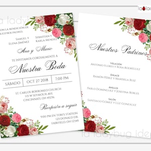 Invitaciones de boda para editar/imprimir en español. Invitación Boda con Lista de padrinos. Invitación de boda española. Invitación de boda.