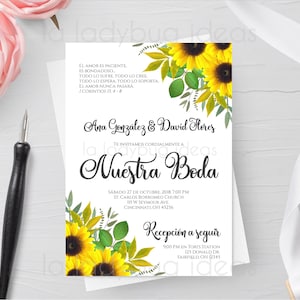 Invitaciones de boda con girasoles para editar/imprimir . Invitacion boda de girasoles en español. Printable Wedding Invitation in Spanish