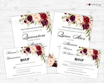 Floral Quinceanera Invitation Template, English/Spanish (Digital Download)