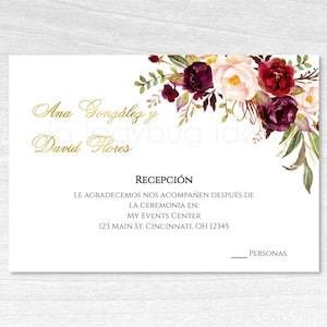 Cartão de casamento para convidados em Floral Espanhol. Pases para boda para editar/imprimir. Tarjeta para convidados de boda em espanhol.