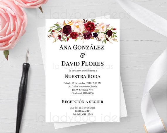 Invitacion Boda Color Tinto Para Editarimprimir Invitación Flor Marsala Español Digital Invitation Printable Wedding Invitation Spanish