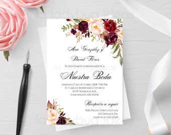 Invitacion boda para editar/imprimir color tinto. Invitaciones | Etsy México