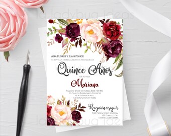 Spanish Floral Quinceanera Invitation, Editable Template (Digital File)