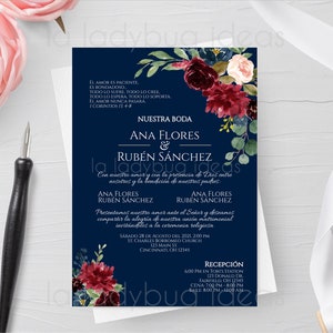 Invitacion boda para editar/imprimir color azul y tinto. Invitaciones de boda flores azules spagnolo. Invito a nozze stampabile in spagnolo
