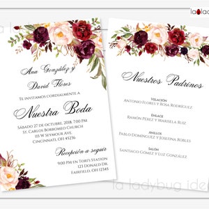 May include: A set of wedding invitations with floral designs in burgundy, cream, and green. The invitation includes names, date, time, and location details. The second card lists the wedding party details. The design includes the text "la ladybug ideas".