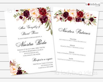 Burgundy Floral Wedding Invitation Template (Printable, Spanish)