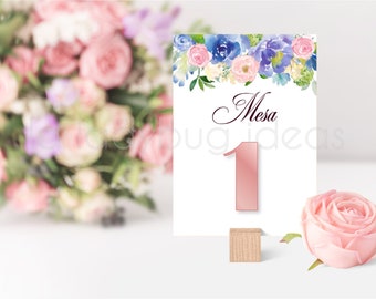 Blommiga bordsnummerkort, roséguld, spanska (digital nedladdning)